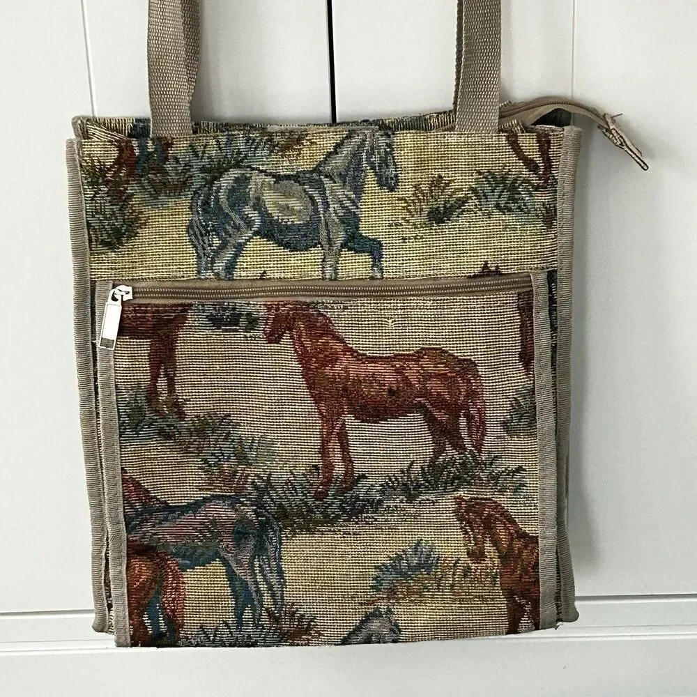 Horse Tapestry Tote Bag Double Handle Zipper Pockets Country Handbag Cottage